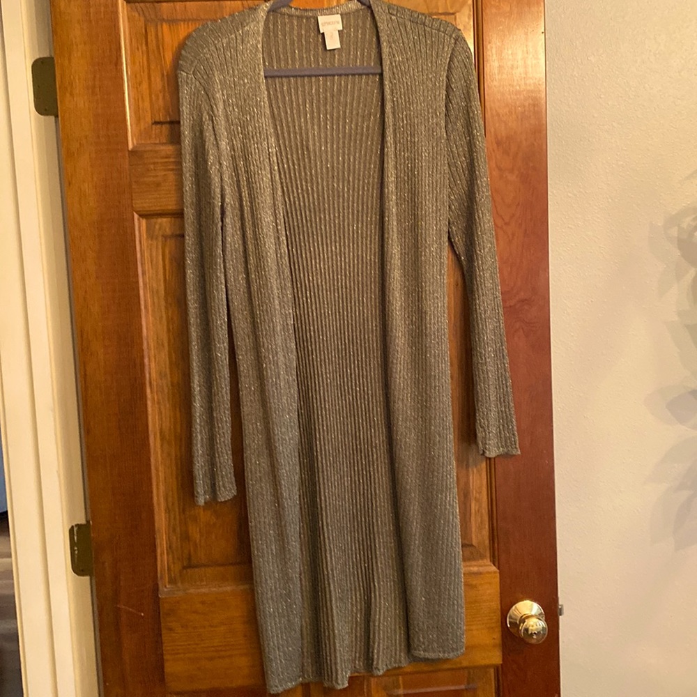 Chico’s sz 2, olive sweater/coat with fine, gold threading. Dressy or casual.